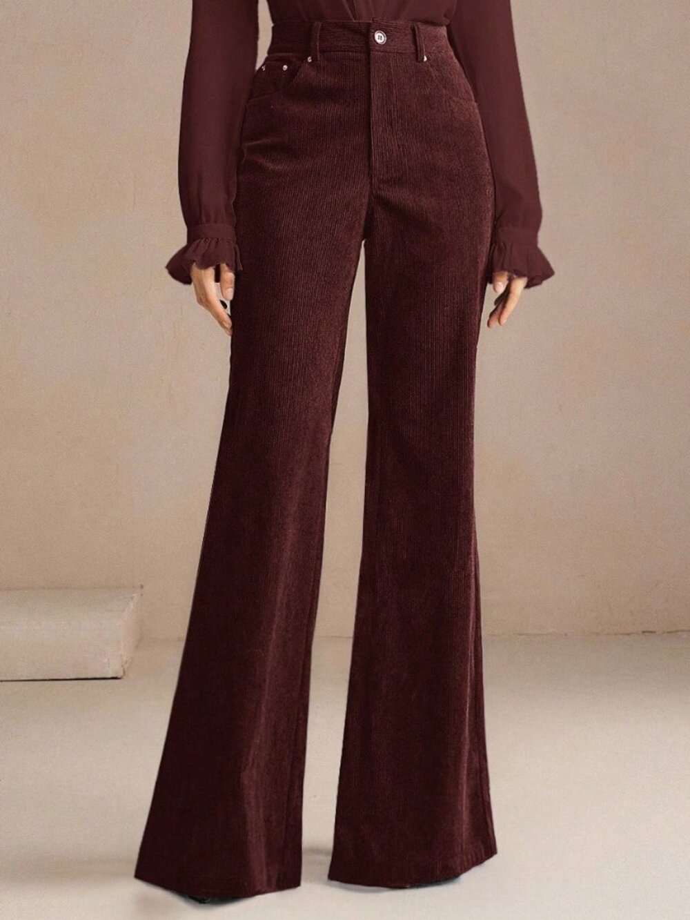 Rust Brown Casual Women's Embroidered Corduroy Flare Trousers - Picture 6 of 8